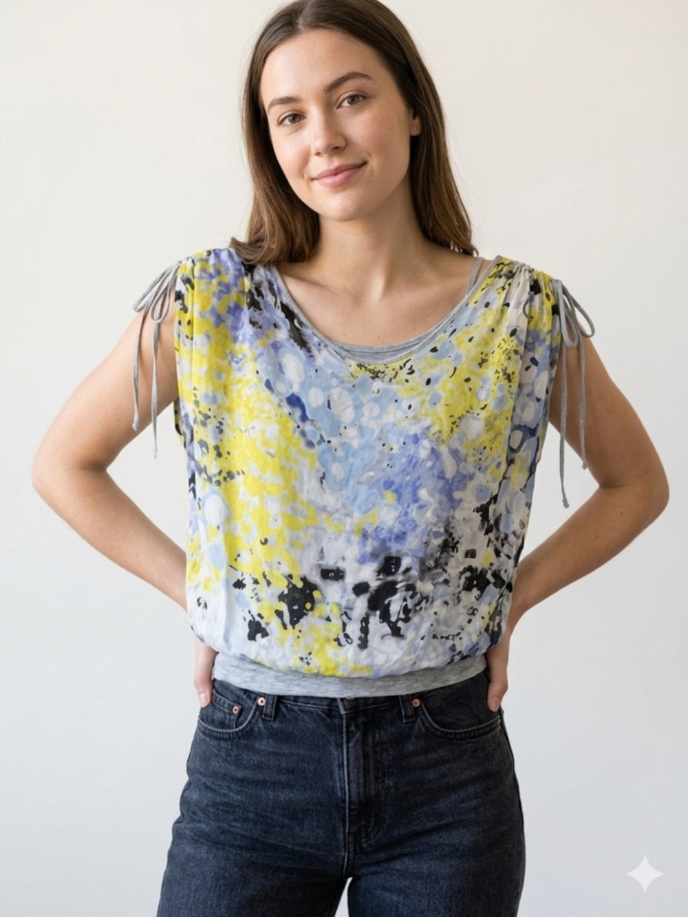 Three Dots 100% Silk Blouse Medium Abstract Gray Tencel Cami Layered Top USA